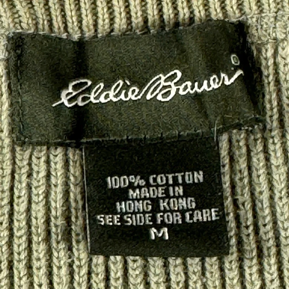 VTG 90s Eddie Bauer Mens M Ribbed  Crewneck Cotton Sweater Olive Green Hong Kong